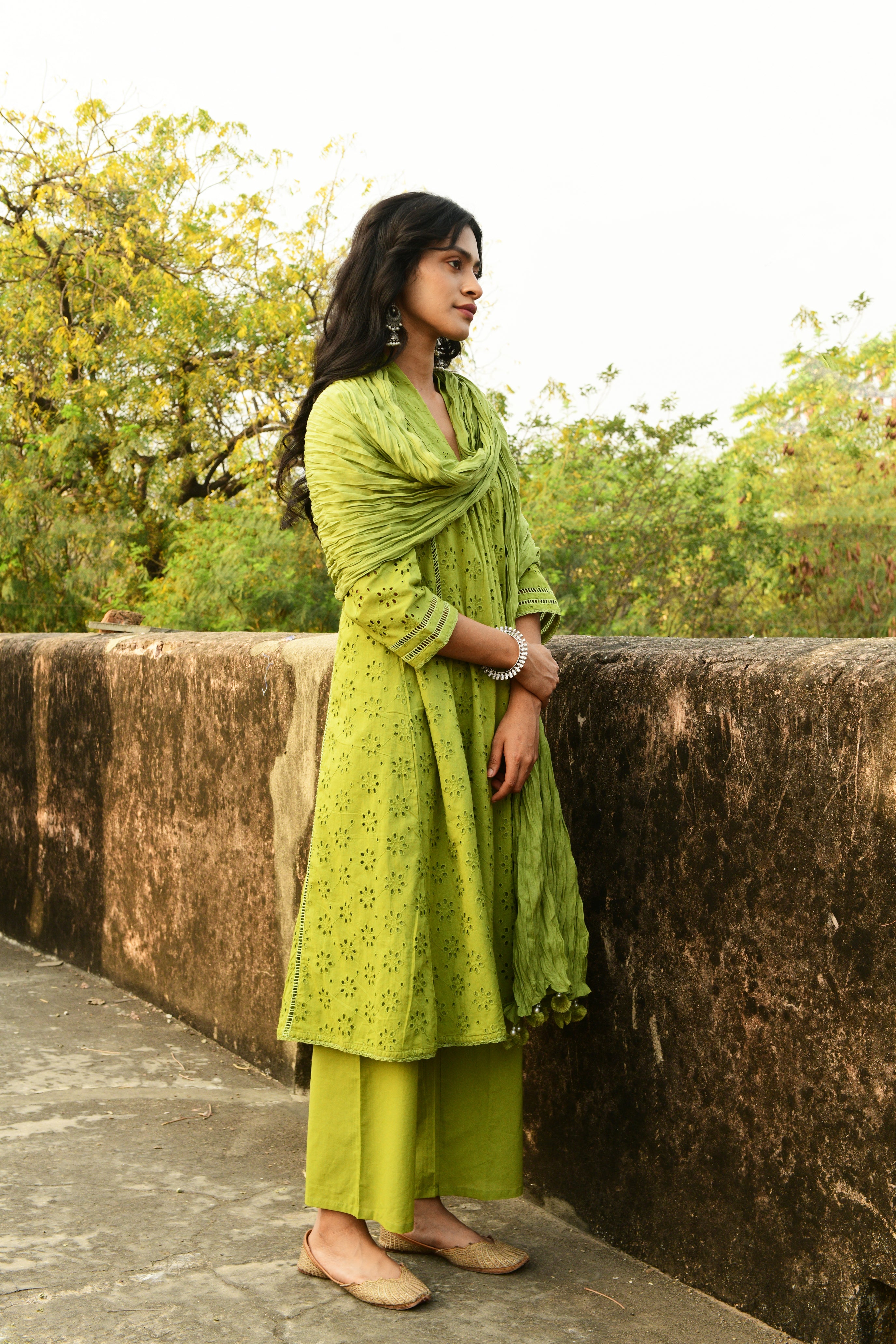 Aaravi Dyed Schiffli Green Suit Set - Shilpi Handicrafts