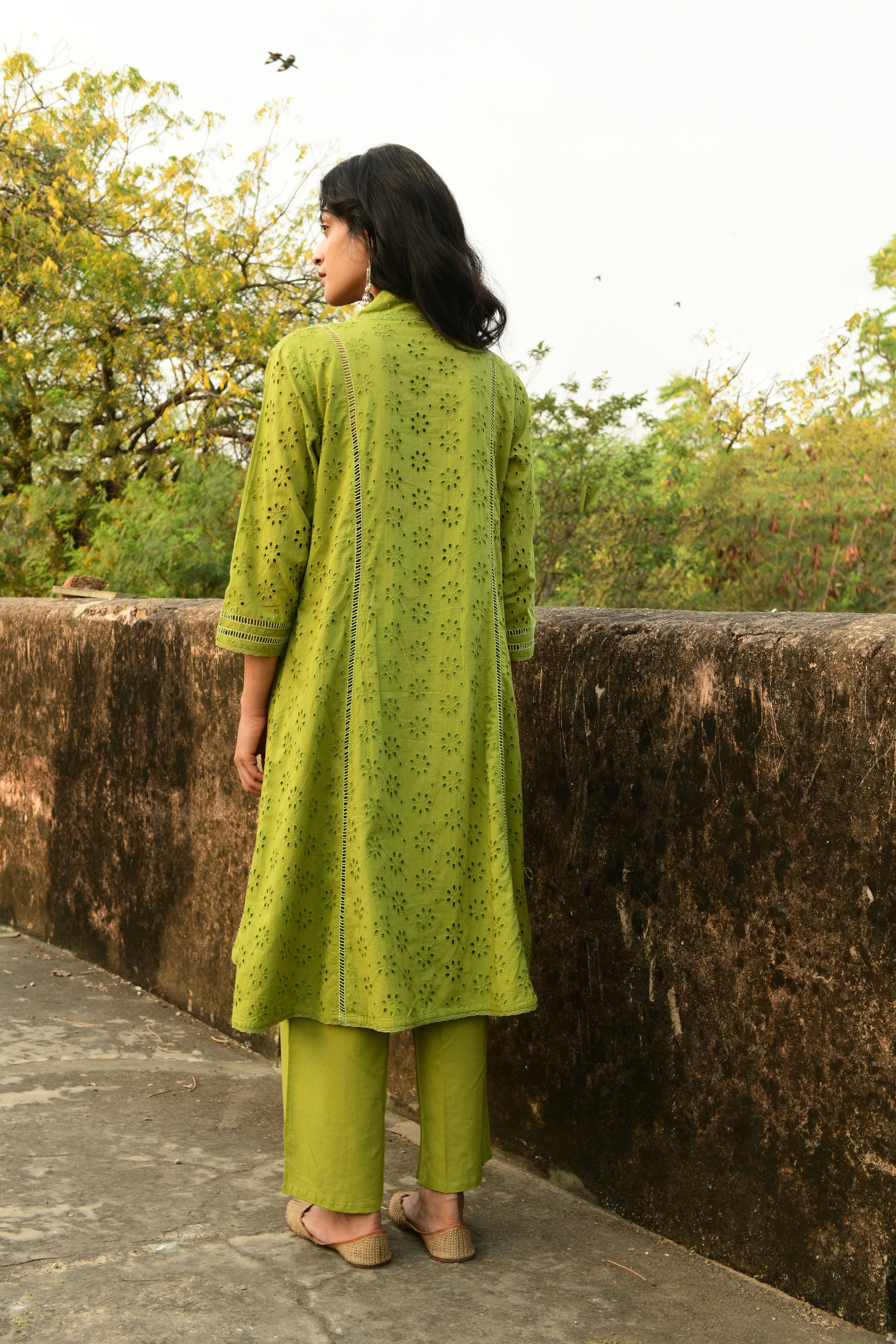 Aaravi Dyed Schiffli Green Suit Set - Shilpi Handicrafts