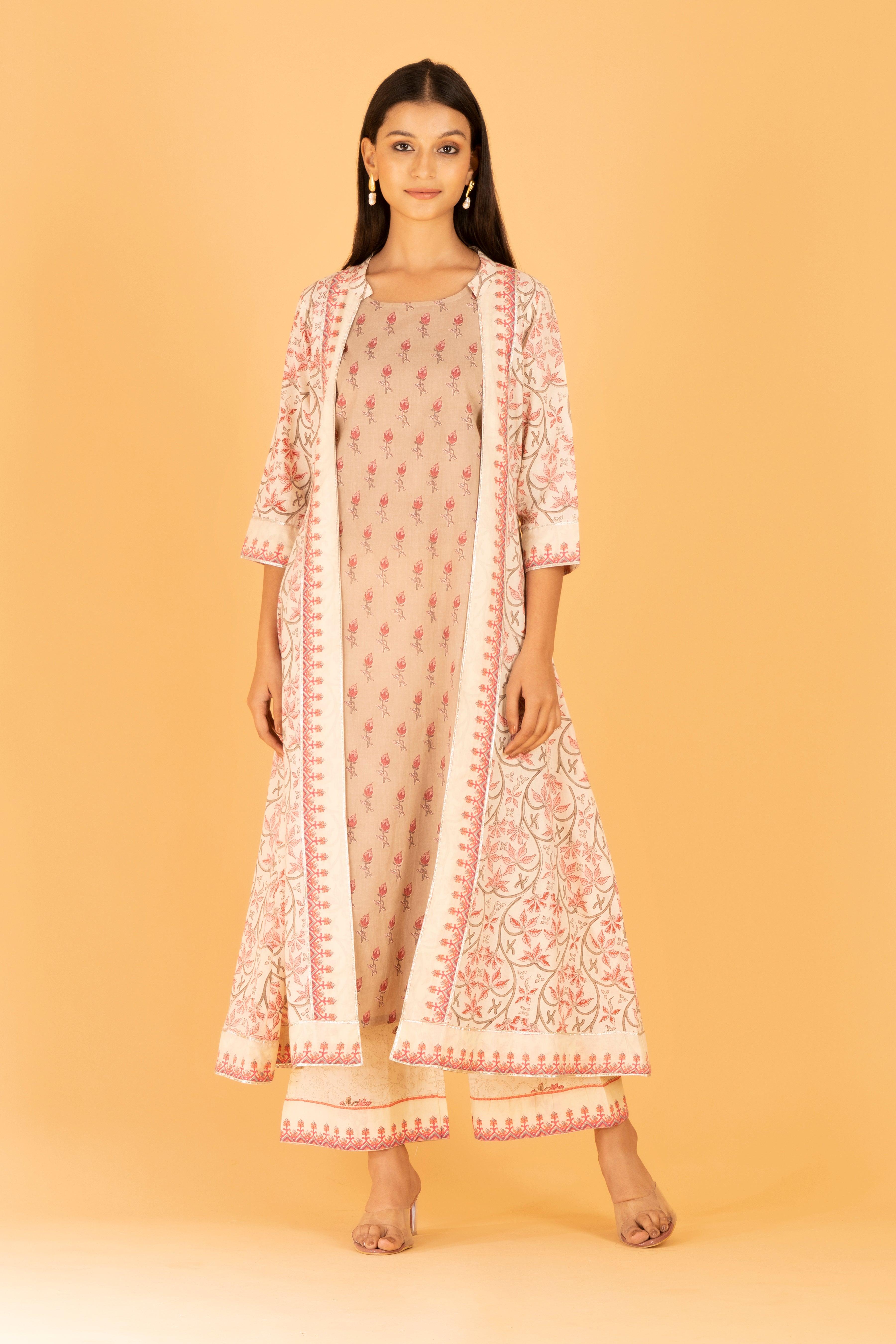 Aadhriti Beige-Pink Jacket Kurta Set - Shilpi Handicrafts