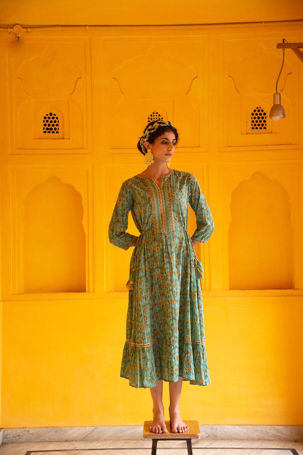 Ava Turquoise Midi Dress - Shilpi Handicrafts