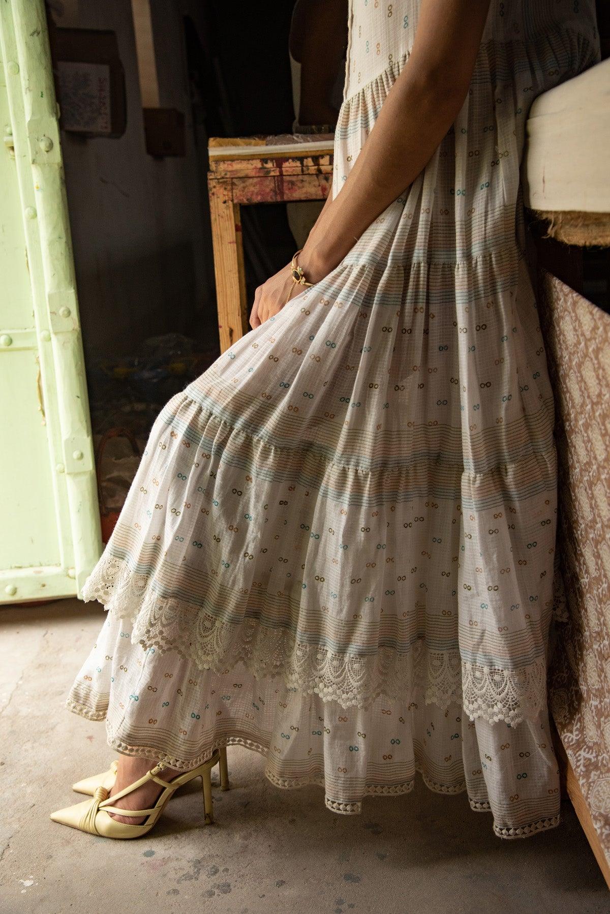 Adhira White Layered Boho Dress - Shilpi Handicrafts