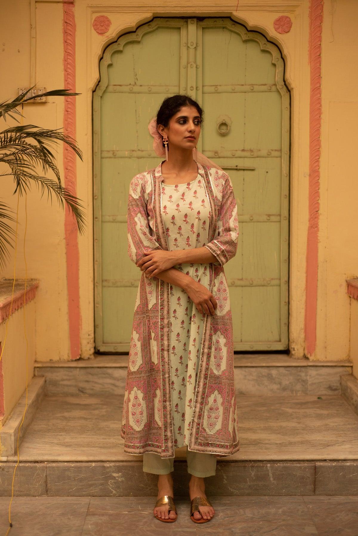 Aadhriti White and Pink Cotton Angrakha Jacket Kurta Set - Shilpi Handicrafts
