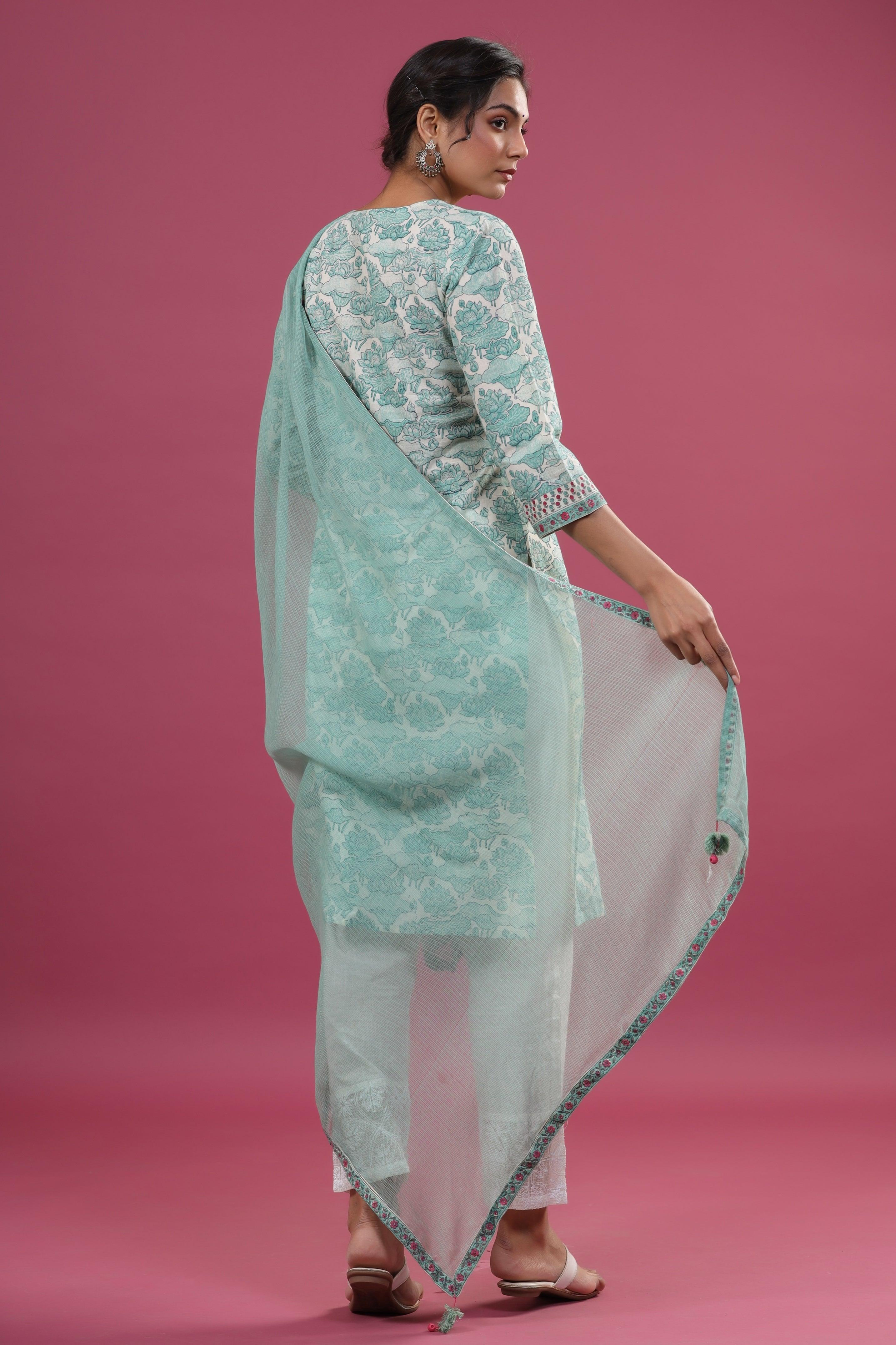 Ava Olive Green Floral Print Suit Set - Shilpi Handicrafts