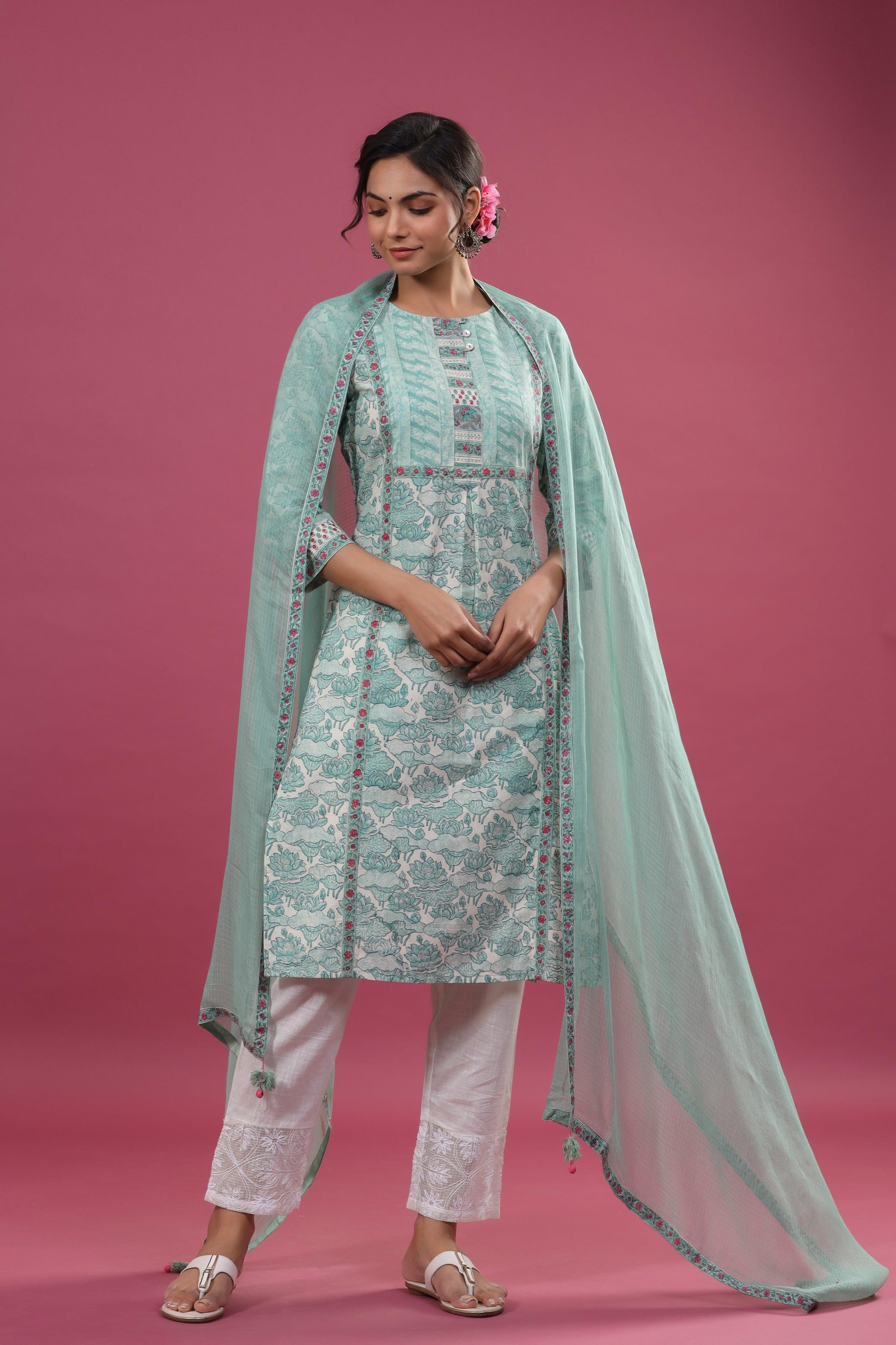Ava Olive Green Floral Print Suit Set - Shilpi Handicrafts