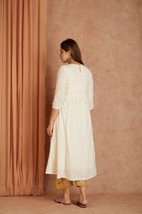 Off White Hand Block Printed Cotton Dobby Kurta Palazzo Set with Mulmul Dupatta