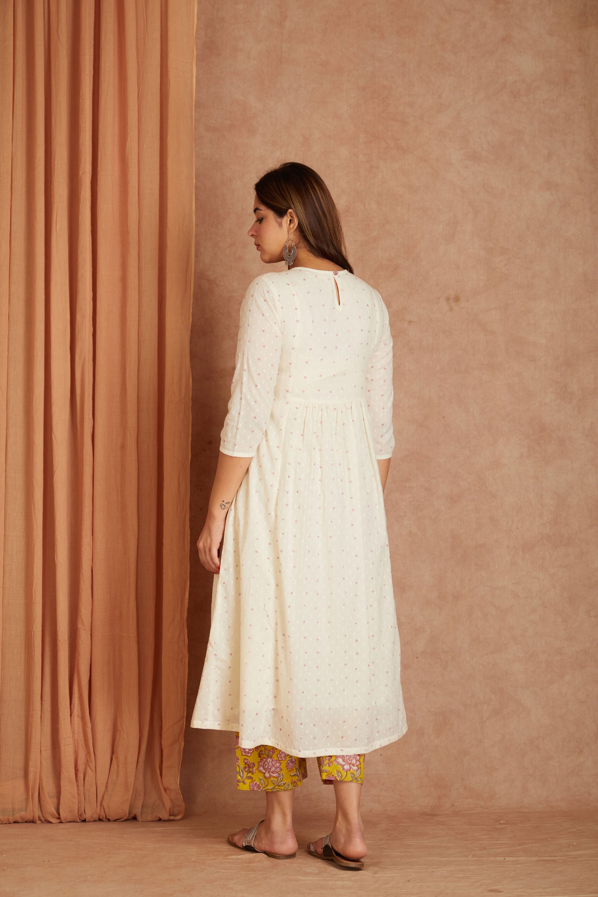 Off White Hand Block Printed Cotton Dobby Kurta Palazzo Set with Mulmul Dupatta