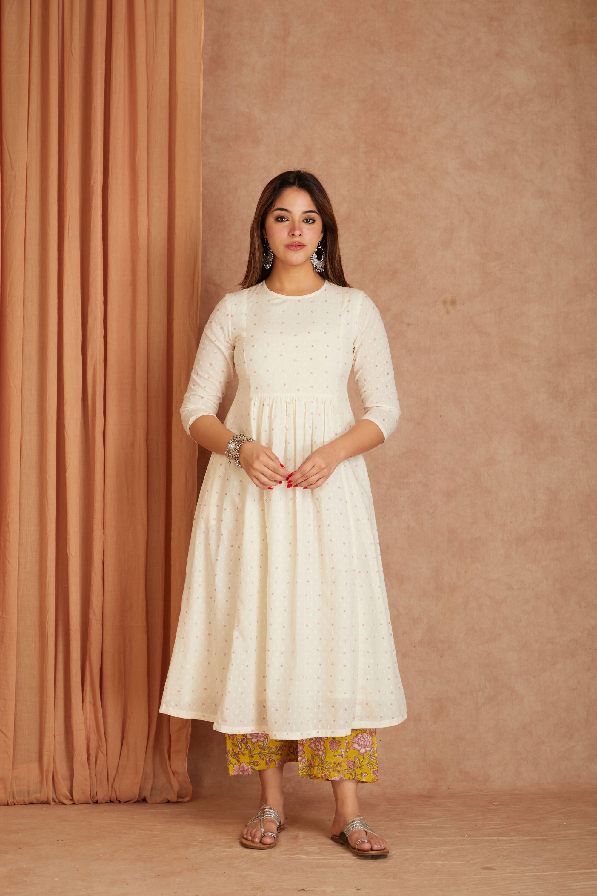 Off White Hand Block Printed Cotton Dobby Kurta Palazzo Set with Mulmul Dupatta