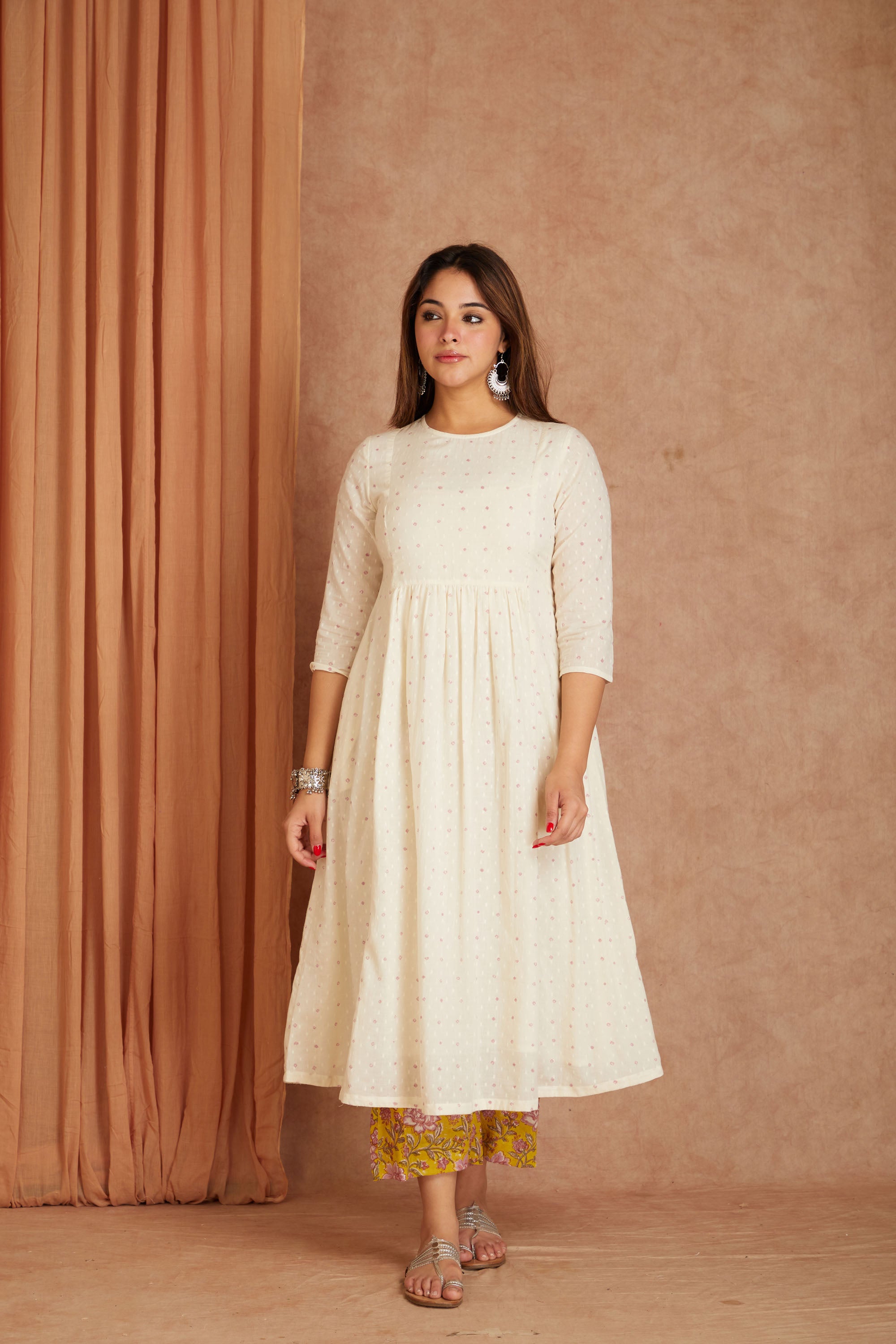 Off White Hand Block Printed Cotton Dobby Kurta Palazzo Set with Mulmul Dupatta