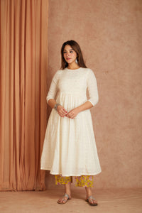 Off White Hand Block Printed Cotton Dobby Kurta Palazzo Set with Mulmul Dupatta