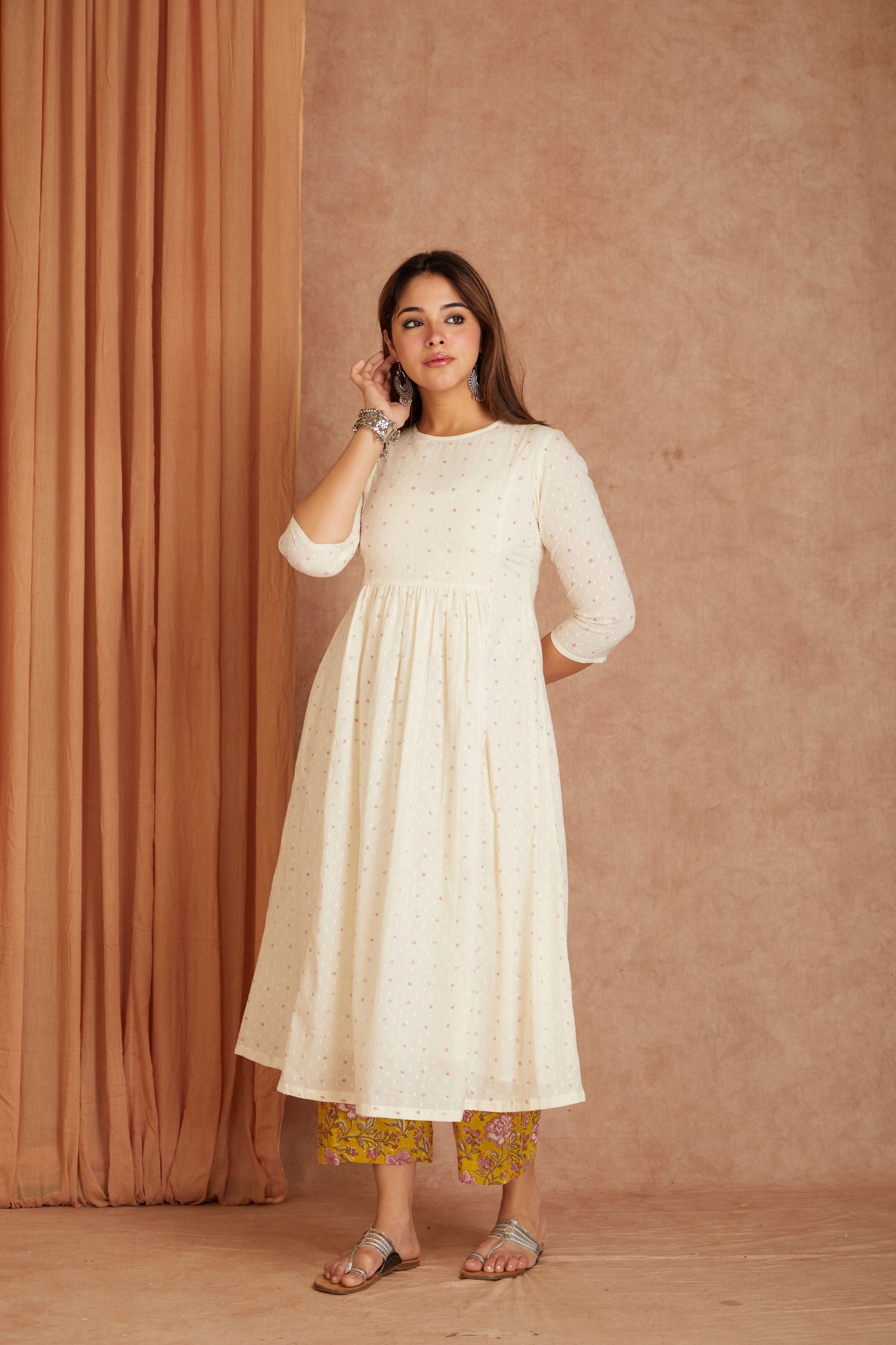 Off White Hand Block Printed Cotton Dobby Kurta Palazzo Set with Mulmul Dupatta