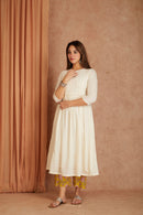 Off White Hand Block Printed Cotton Dobby Kurta Palazzo Set with Mulmul Dupatta