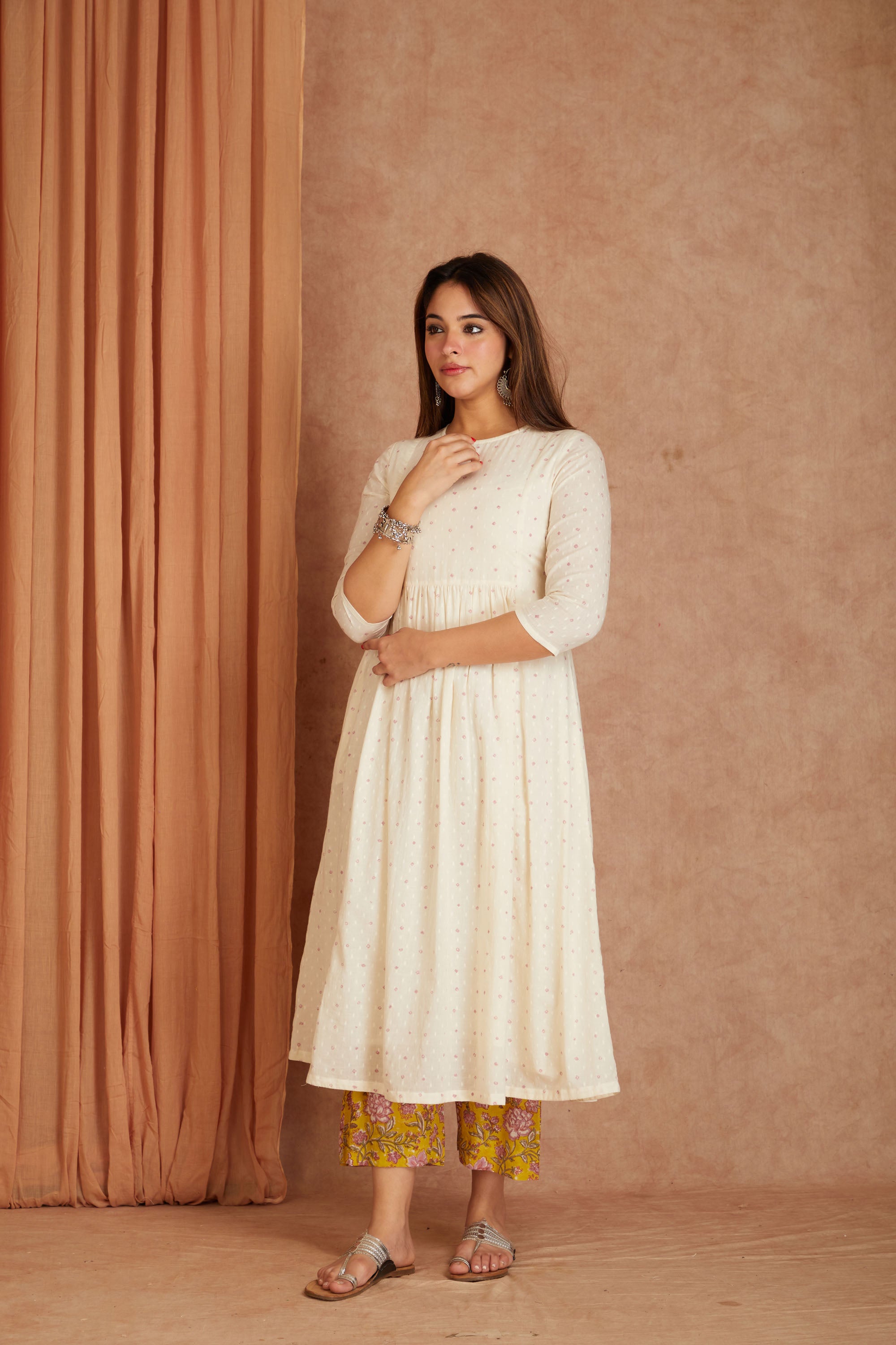 Off White Hand Block Printed Cotton Dobby Kurta Palazzo Set with Mulmul Dupatta