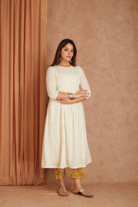 Off White Hand Block Printed Cotton Dobby Kurta Palazzo Set with Mulmul Dupatta