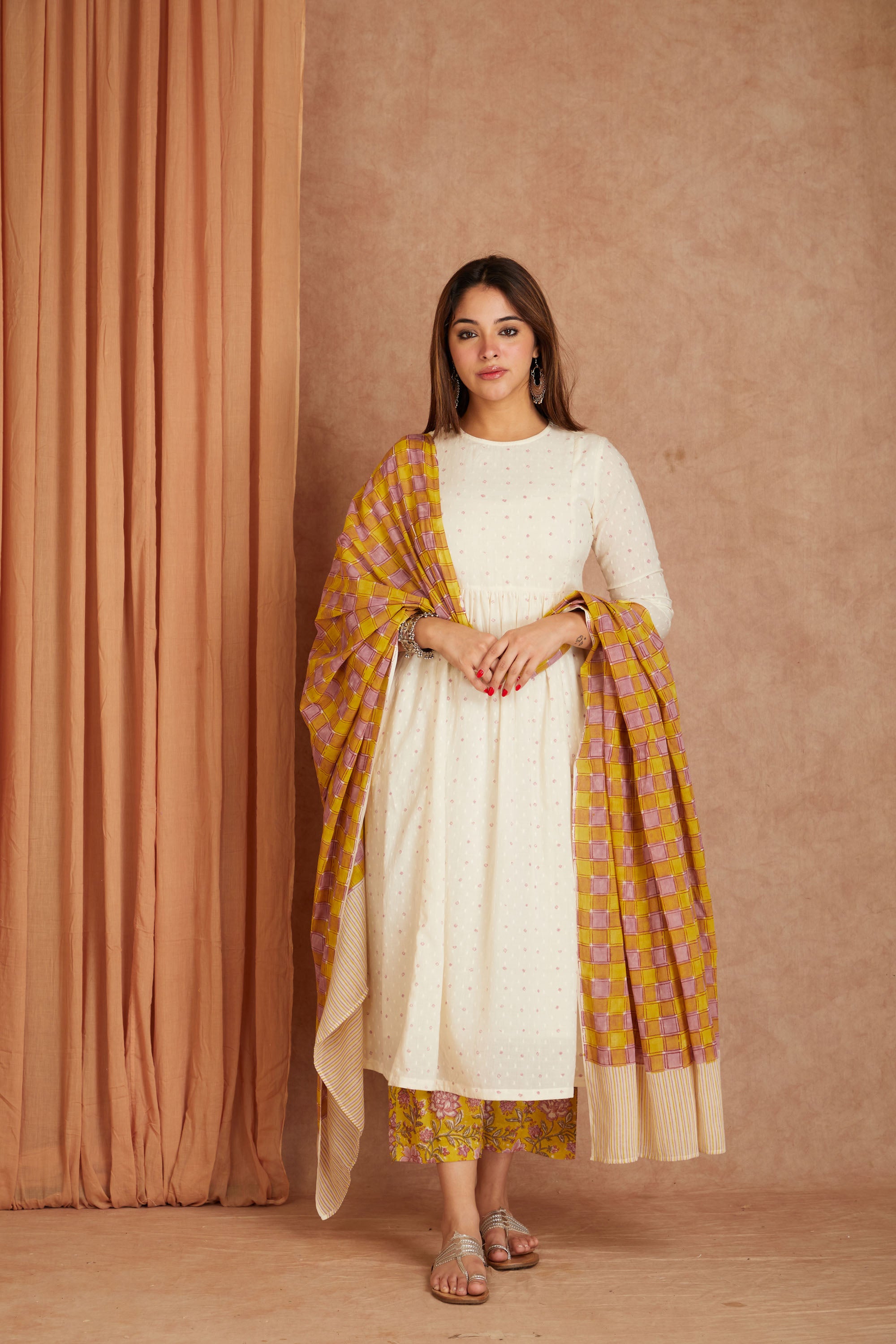 Off White Hand Block Printed Cotton Dobby Kurta Palazzo Set with Mulmul Dupatta