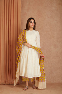 Off White Hand Block Printed Cotton Dobby Kurta Palazzo Set with Mulmul Dupatta