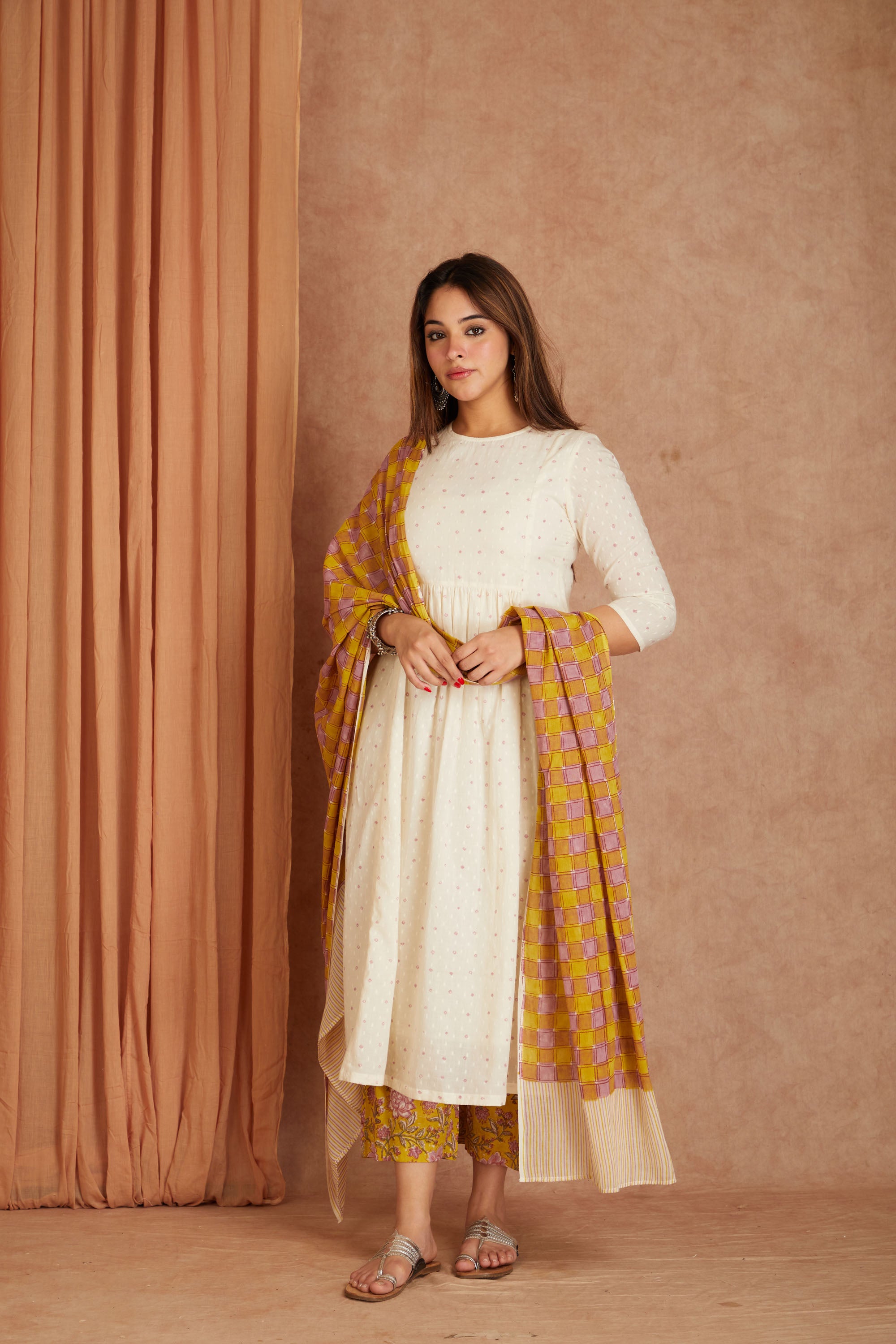 Off White Hand Block Printed Cotton Dobby Kurta Palazzo Set with Mulmul Dupatta