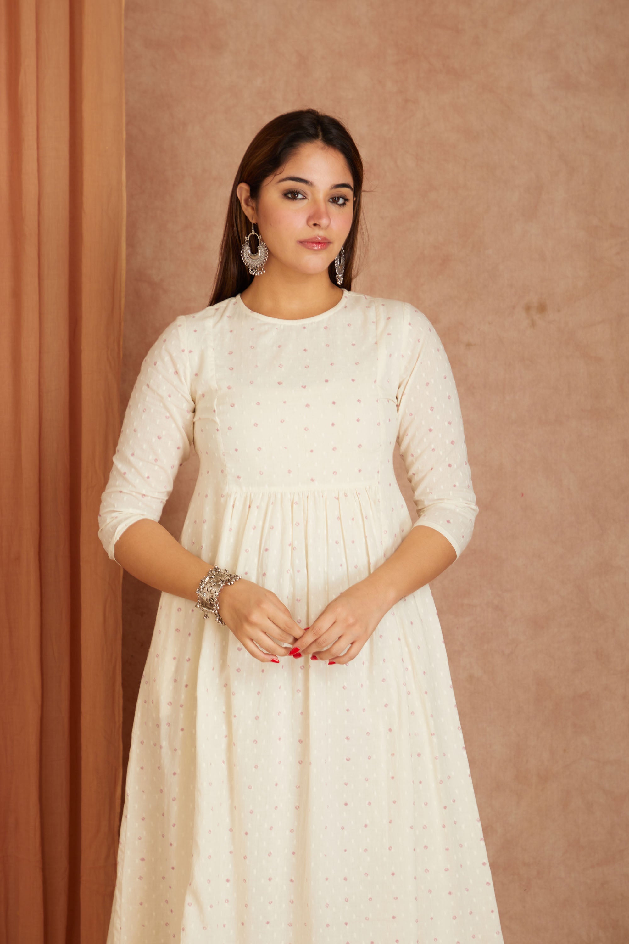 Off White Hand Block Printed Cotton Dobby Kurta Palazzo Set with Mulmul Dupatta