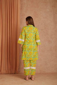 Sunflower Hand Block Printed Cotton Kurta Pant Set with Kota Doriya Dupatta