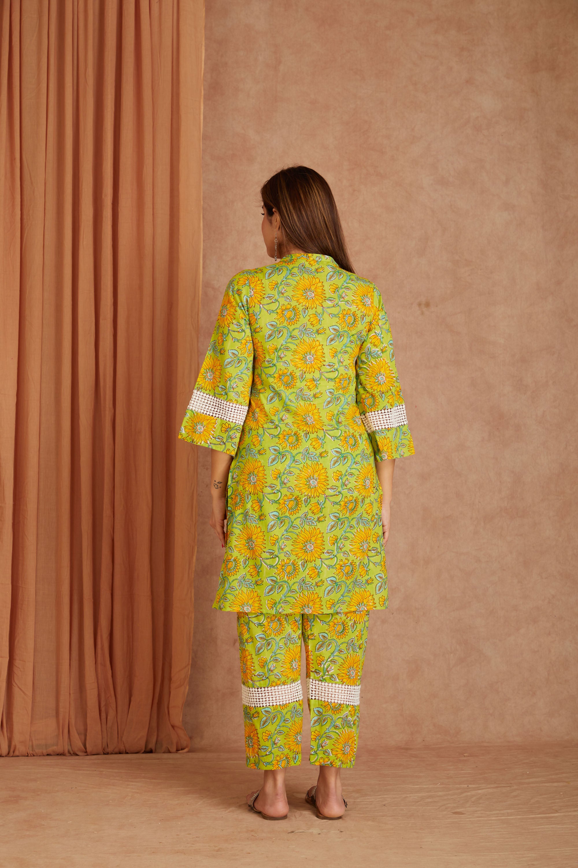 Sunflower Hand Block Printed Cotton Kurta Pant Set with Kota Doriya Dupatta