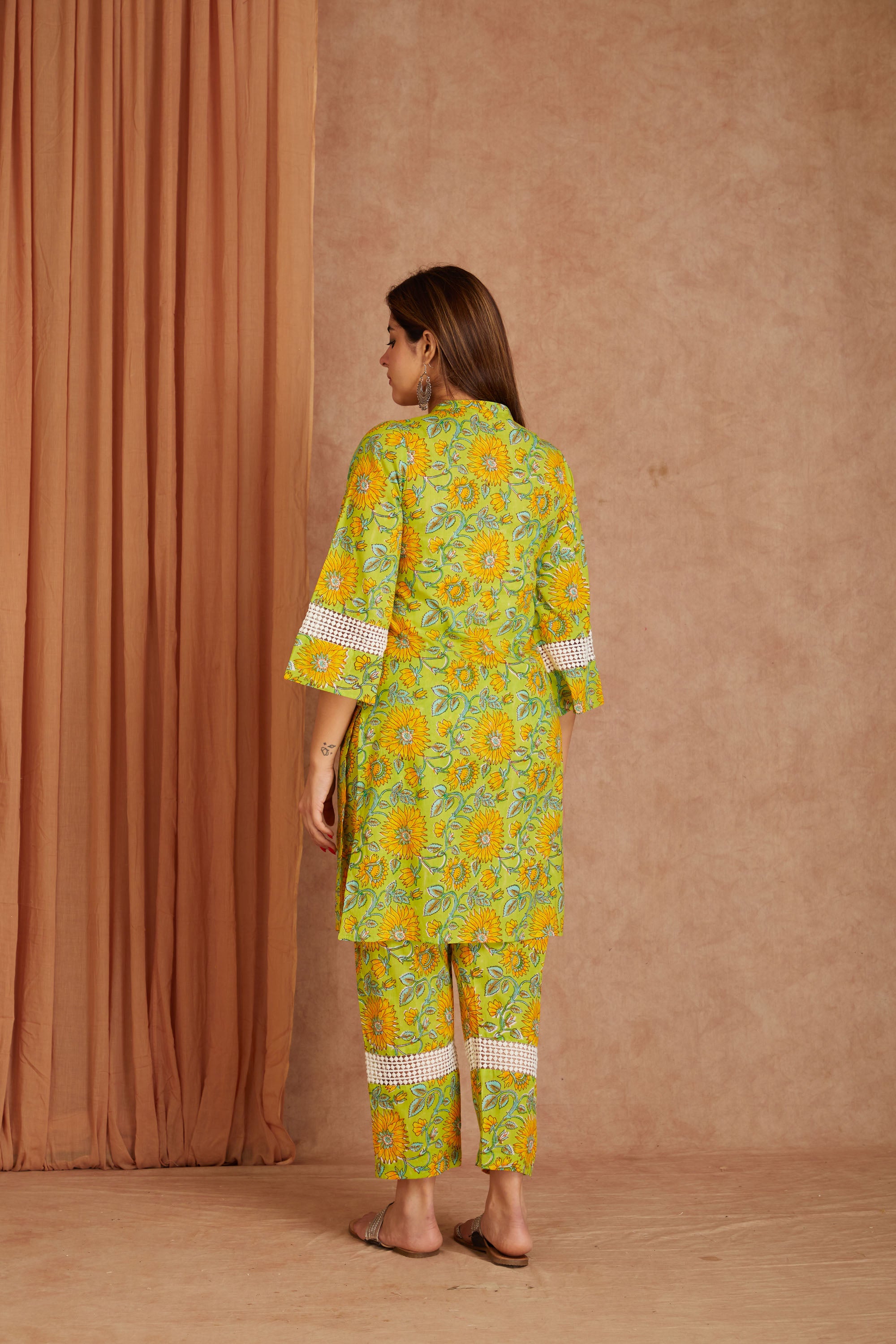 Sunflower Hand Block Printed Cotton Kurta Pant Set with Kota Doriya Dupatta