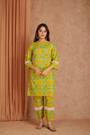 Sunflower Hand Block Printed Cotton Kurta Pant Set with Kota Doriya Dupatta
