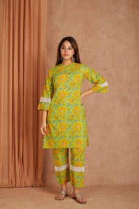 Sunflower Hand Block Printed Cotton Kurta Pant Set with Kota Doriya Dupatta