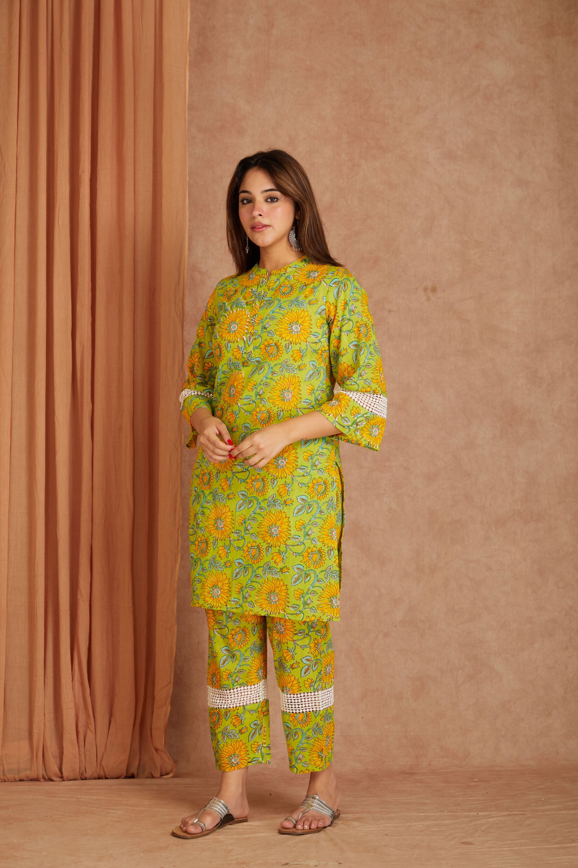 Sunflower Hand Block Printed Cotton Kurta Pant Set with Kota Doriya Dupatta