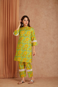 Sunflower Hand Block Printed Cotton Kurta Pant Set with Kota Doriya Dupatta