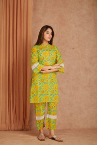 Sunflower Hand Block Printed Cotton Kurta Pant Set with Kota Doriya Dupatta