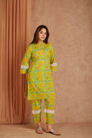 Sunflower Hand Block Printed Cotton Kurta Pant Set with Kota Doriya Dupatta