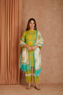 Sunflower Hand Block Printed Cotton Kurta Pant Set with Kota Doriya Dupatta