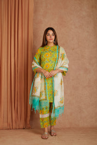 Sunflower Hand Block Printed Cotton Kurta Pant Set with Kota Doriya Dupatta