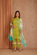 Sunflower Hand Block Printed Cotton Kurta Pant Set with Kota Doriya Dupatta