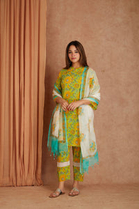 Sunflower Hand Block Printed Cotton Kurta Pant Set with Kota Doriya Dupatta