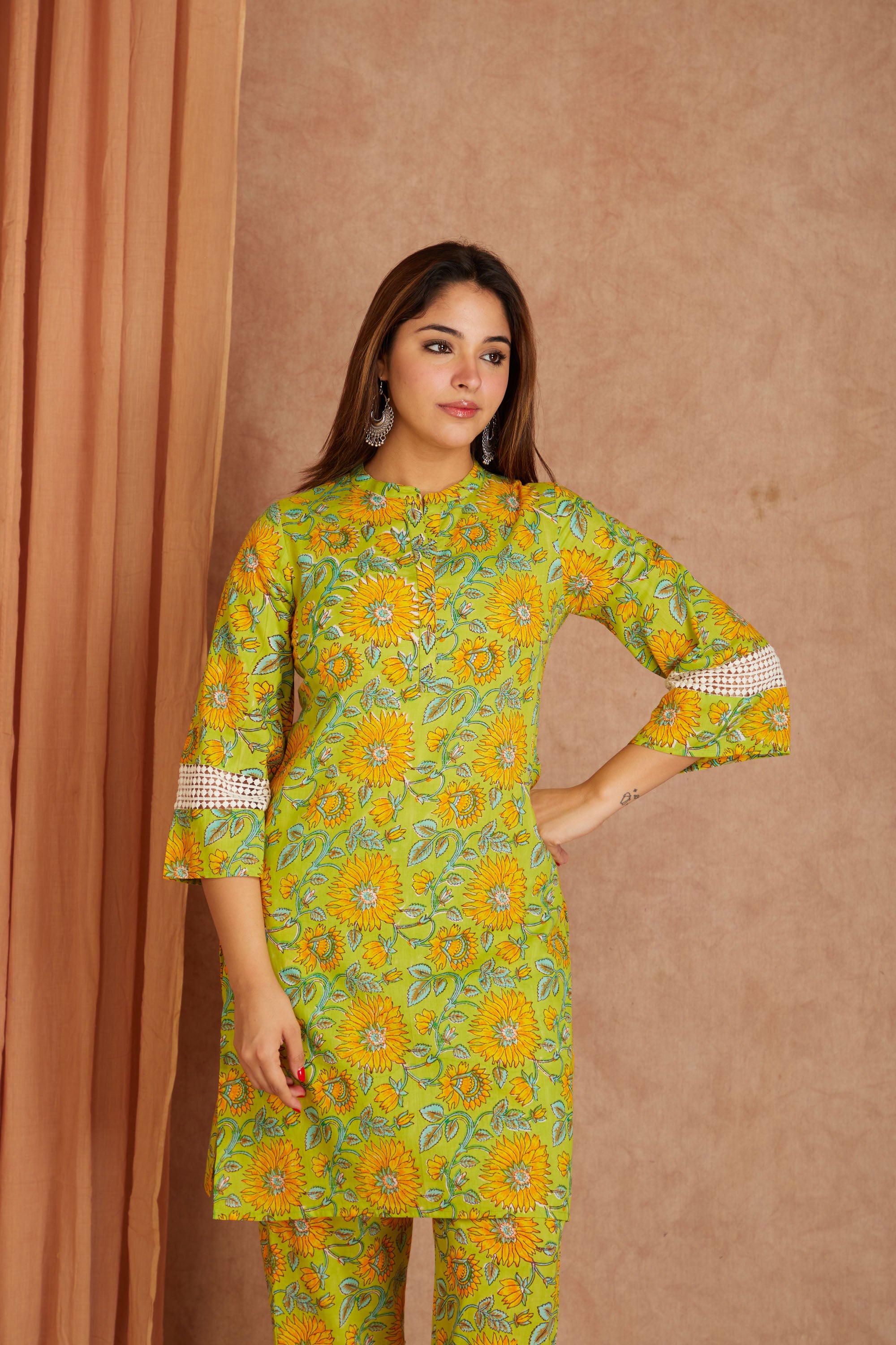 Sunflower Hand Block Printed Cotton Kurta Pant Set with Kota Doriya Dupatta