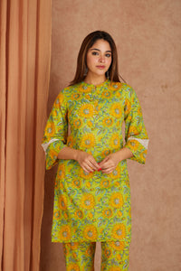 Sunflower Hand Block Printed Cotton Kurta Pant Set with Kota Doriya Dupatta