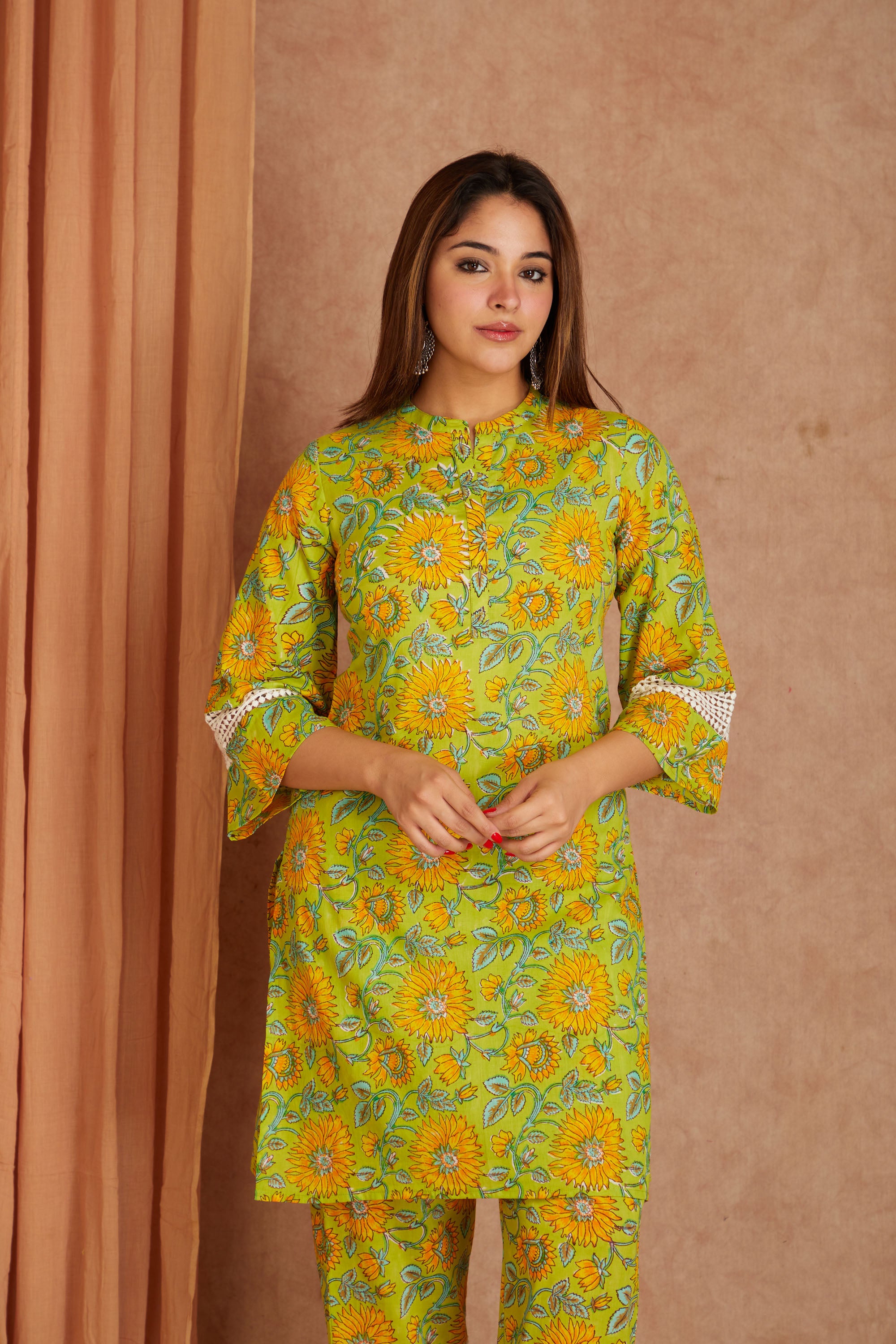 Sunflower Hand Block Printed Cotton Kurta Pant Set with Kota Doriya Dupatta