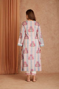 Pink Petal Cotton Hand Block Check Kurta Palazzo Set with Kota Doriya Dupatta