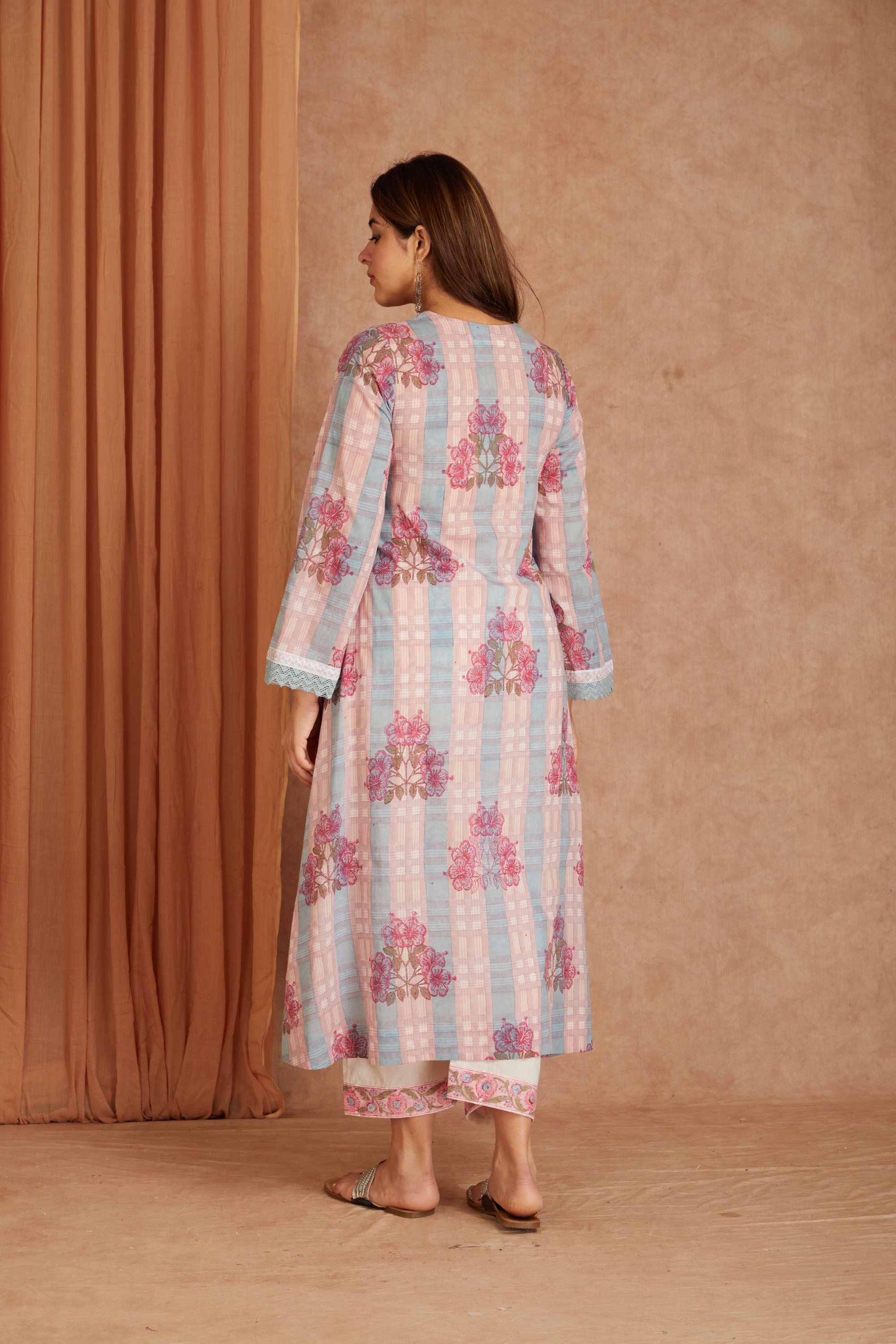 Pink Petal Cotton Hand Block Check Kurta Palazzo Set with Kota Doriya Dupatta