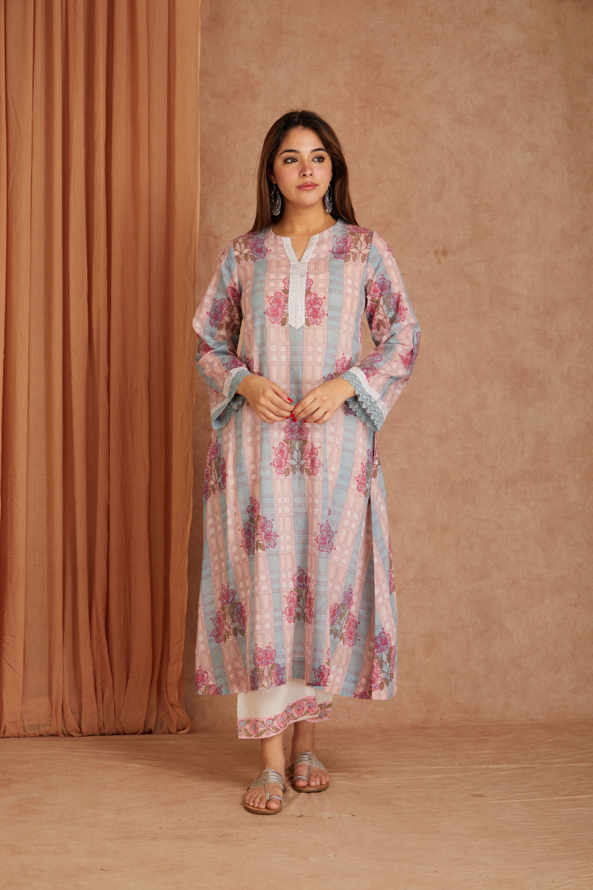 Pink Petal Cotton Hand Block Check Kurta Palazzo Set with Kota Doriya Dupatta