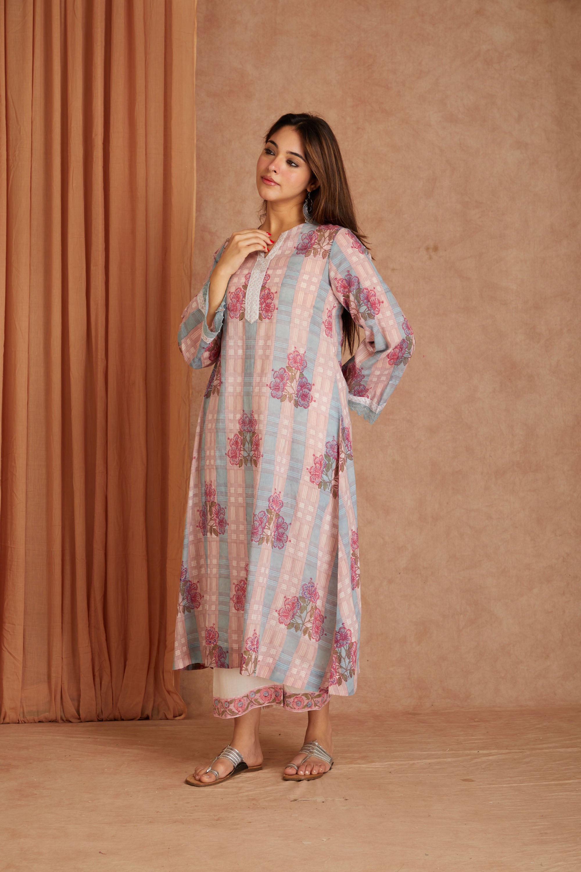 Pink Petal Cotton Hand Block Check Kurta Palazzo Set with Kota Doriya Dupatta