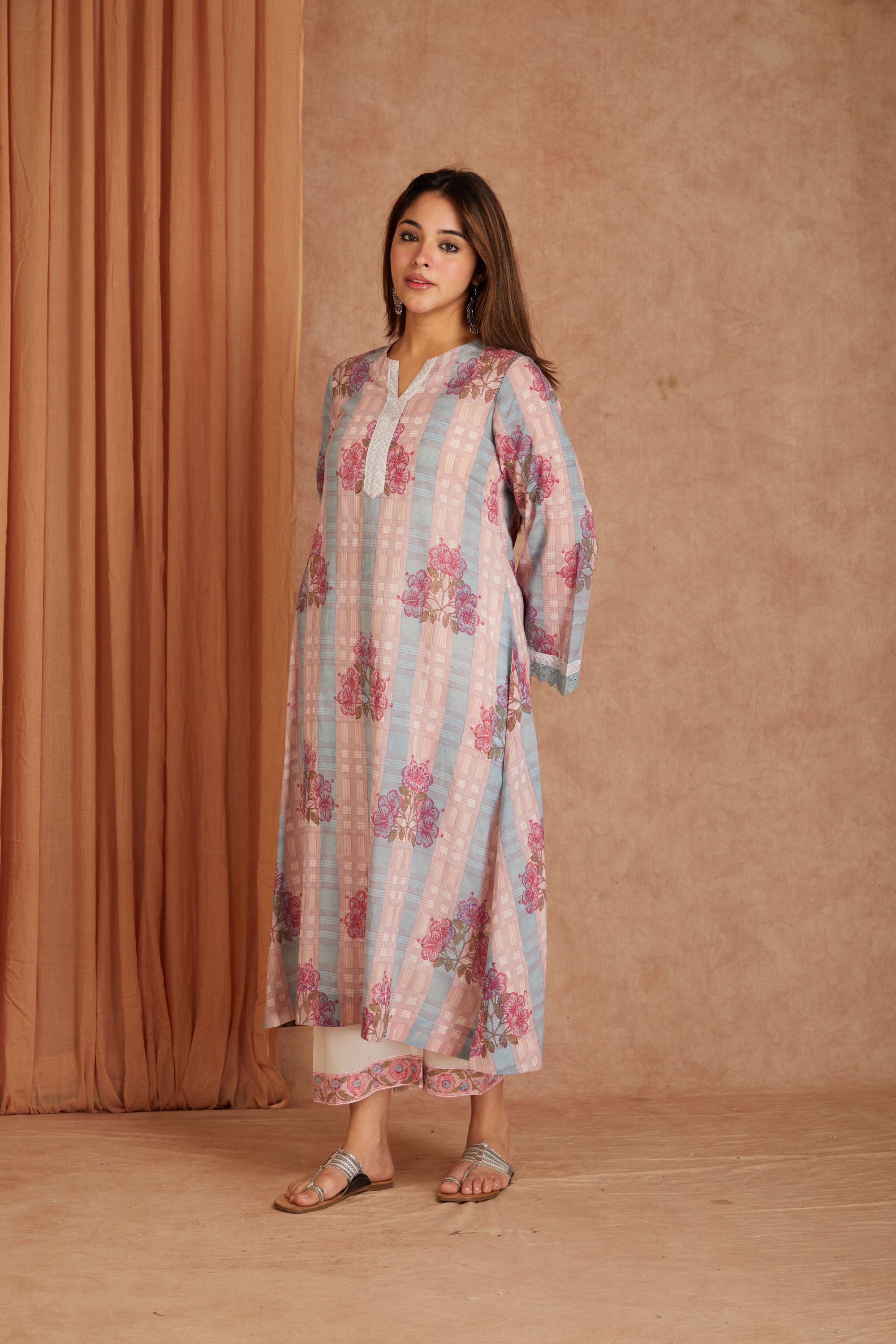 Pink Petal Cotton Hand Block Check Kurta Palazzo Set with Kota Doriya Dupatta