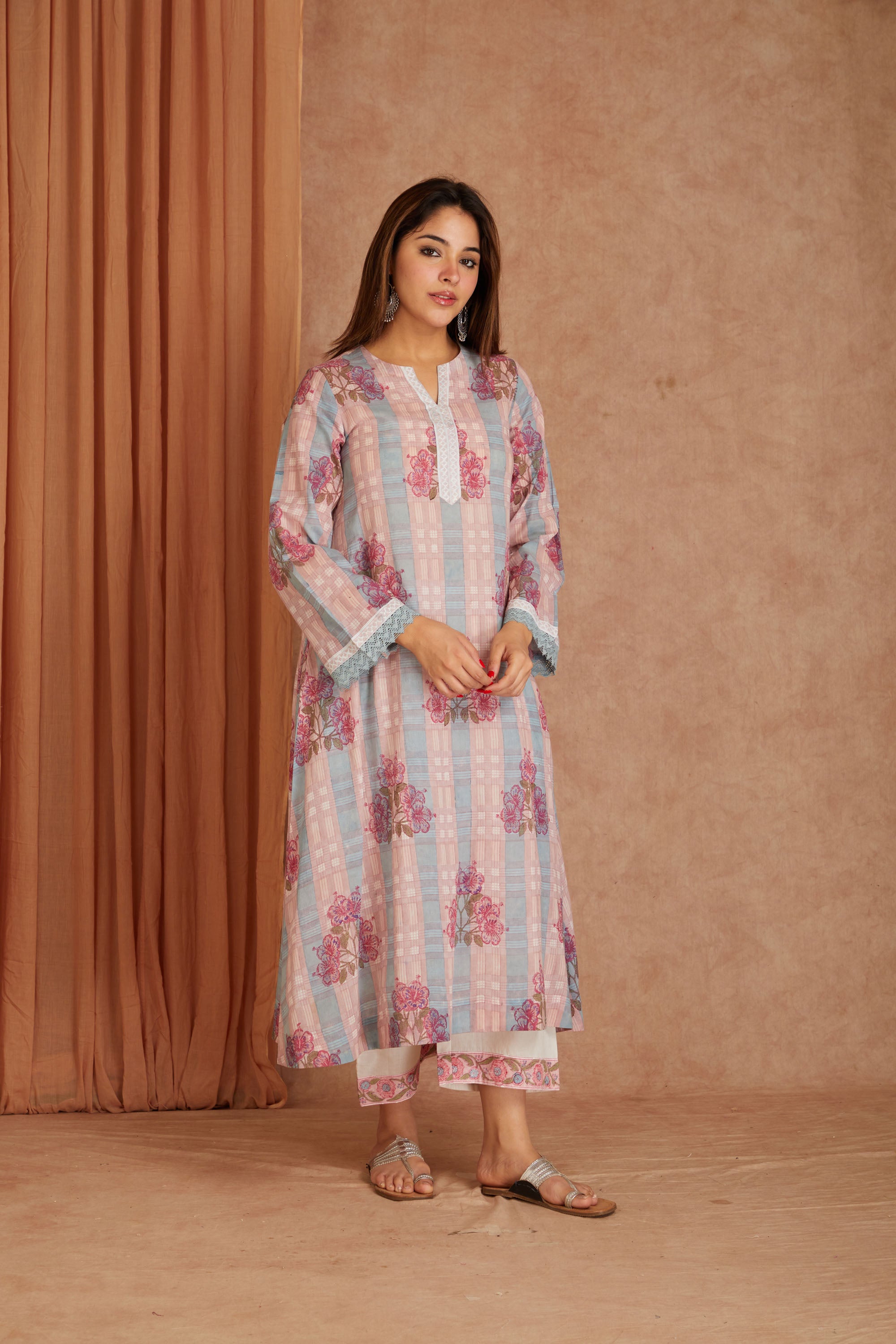 Pink Petal Cotton Hand Block Check Kurta Palazzo Set with Kota Doriya Dupatta