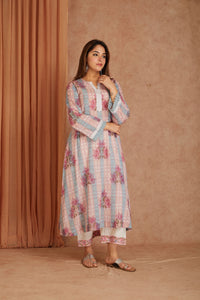 Pink Petal Cotton Hand Block Check Kurta Palazzo Set with Kota Doriya Dupatta