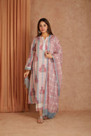 Pink Petal Cotton Hand Block Check Kurta Palazzo Set with Kota Doriya Dupatta