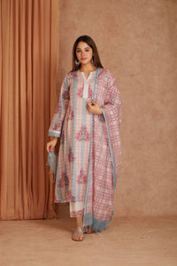 Pink Petal Cotton Hand Block Check Kurta Palazzo Set with Kota Doriya Dupatta