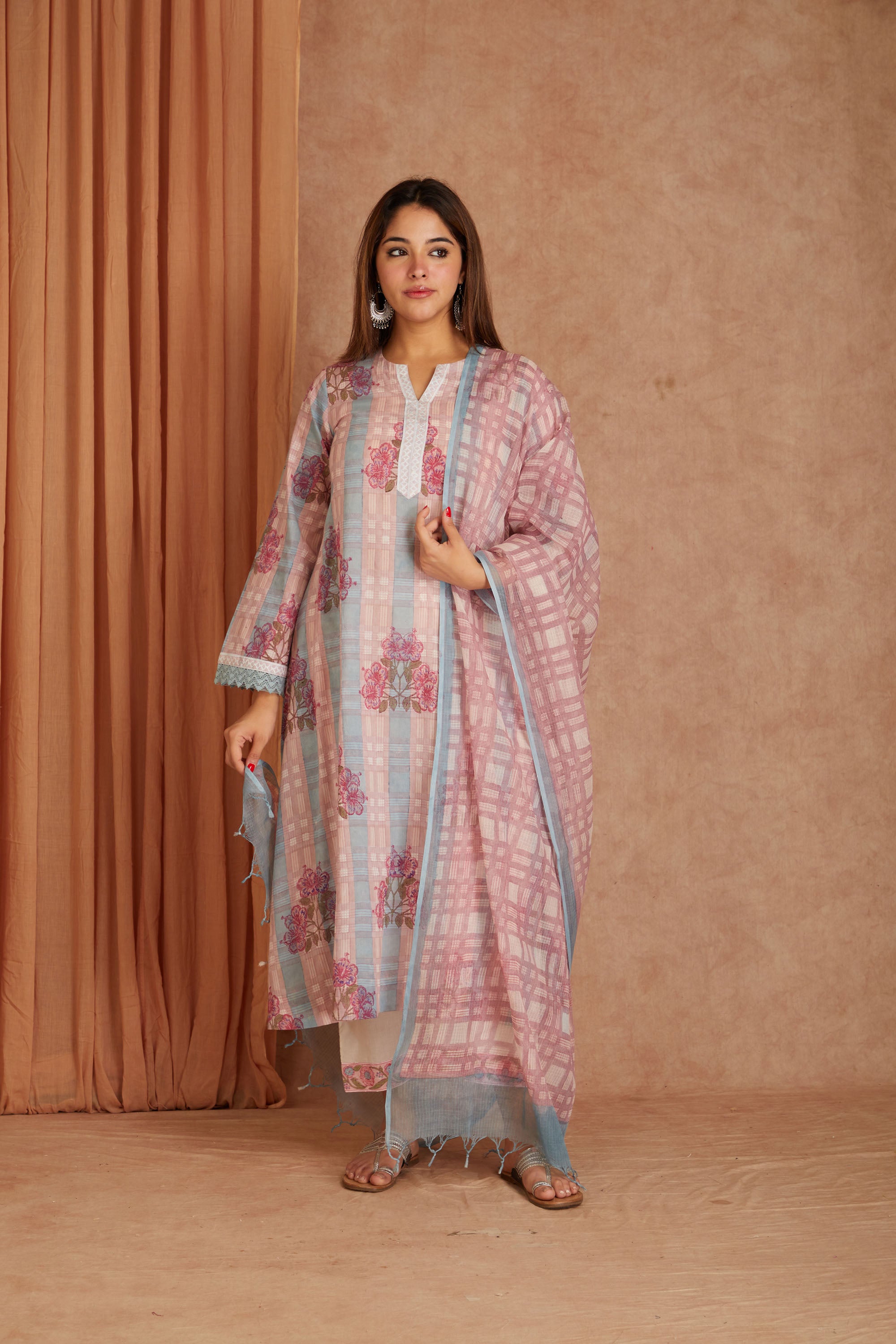 Pink Petal Cotton Hand Block Check Kurta Palazzo Set with Kota Doriya Dupatta