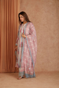Pink Petal Cotton Hand Block Check Kurta Palazzo Set with Kota Doriya Dupatta