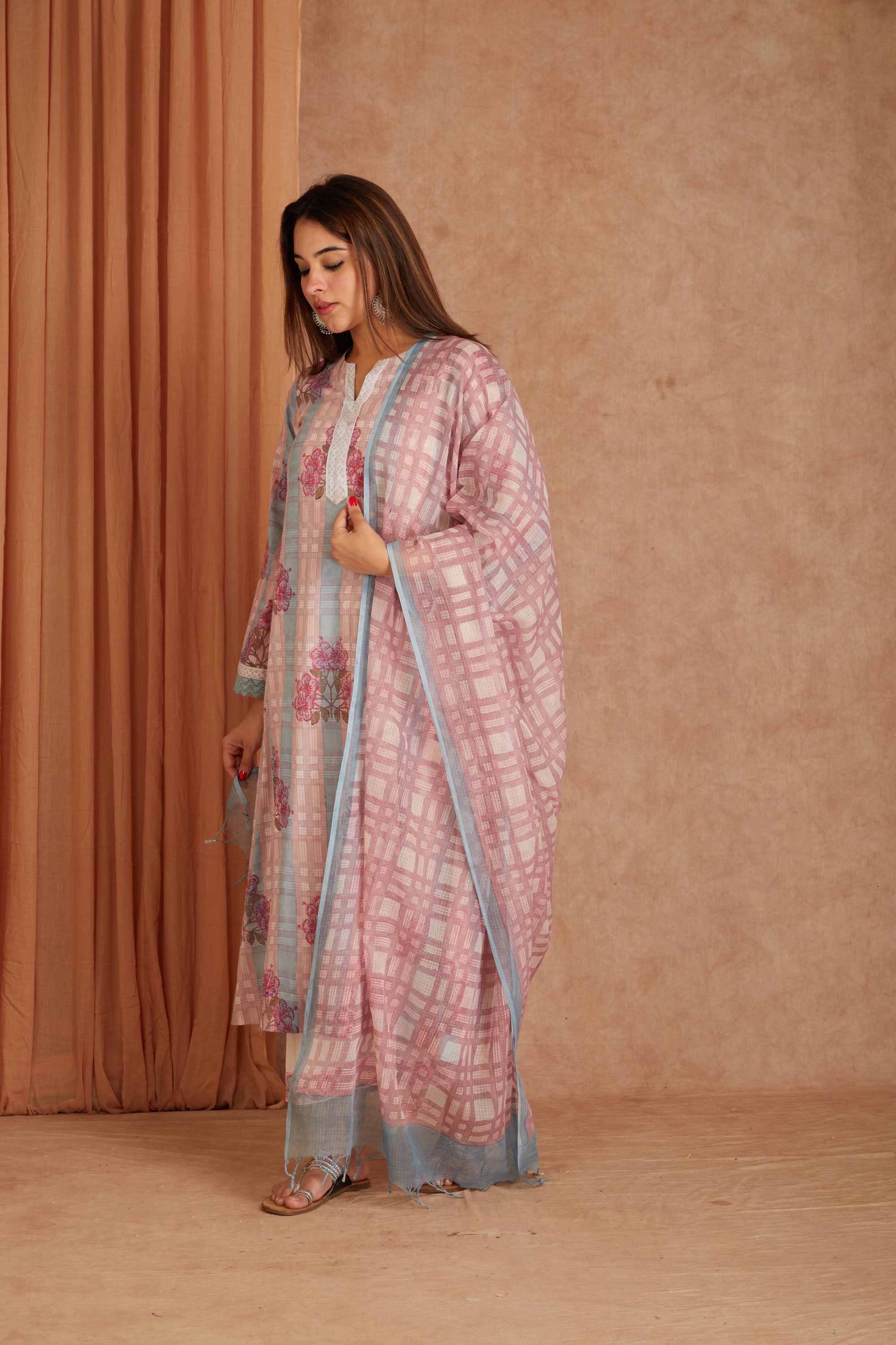 Pink Petal Cotton Hand Block Check Kurta Palazzo Set with Kota Doriya Dupatta