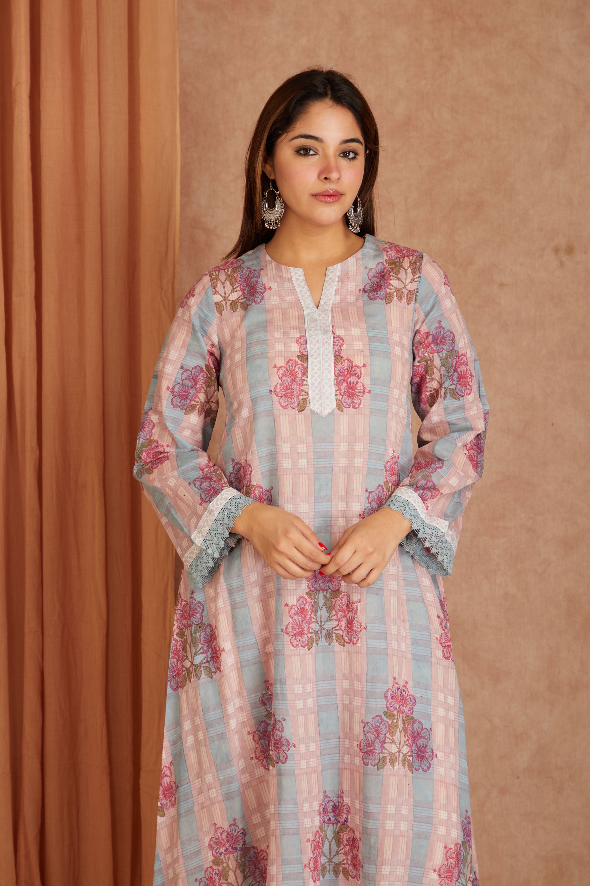 Pink Petal Cotton Hand Block Check Kurta Palazzo Set with Kota Doriya Dupatta